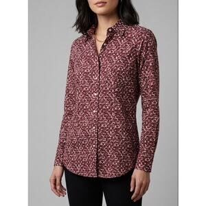 Ann Mashburn Blouse Shirt S Red & White Geometric Print Button Up Cotton Top